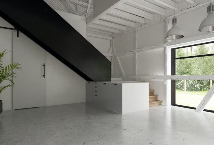 Interior empty barn house 3D rendering
