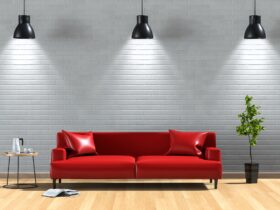 interior living lighting room brick wall with sofa, plant, lamp. 3D render