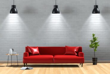 interior living lighting room brick wall with sofa, plant, lamp. 3D render