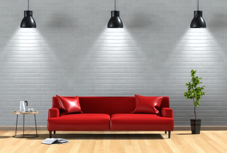 interior living lighting room brick wall with sofa, plant, lamp. 3D render