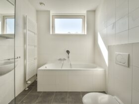 Interior of modern restroom with bathtub