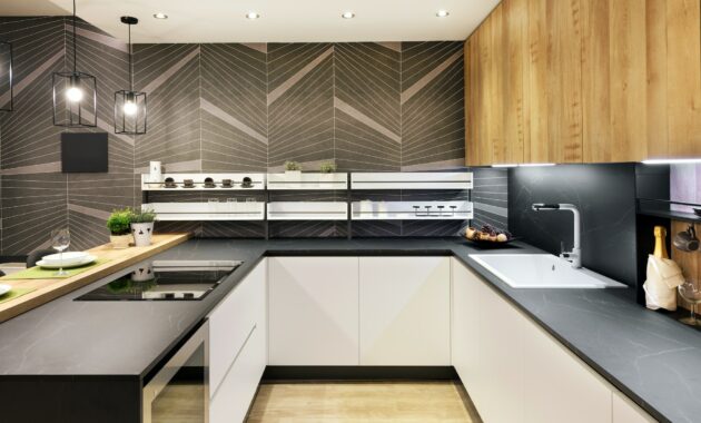 Long narrow fitted kitchen interior