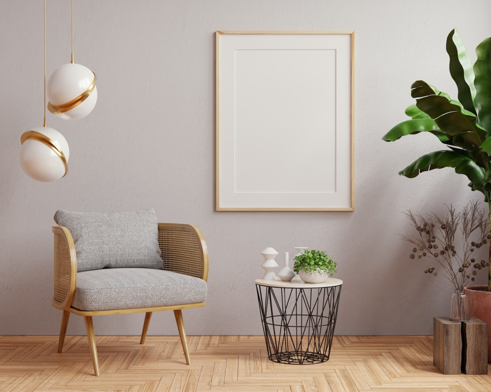 Mock up poster frame in modern interior on dark plaster wall.