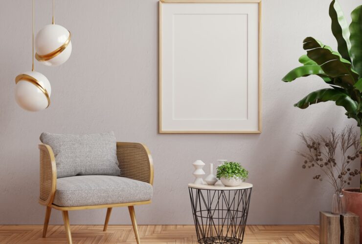 Mock up poster frame in modern interior on dark plaster wall.