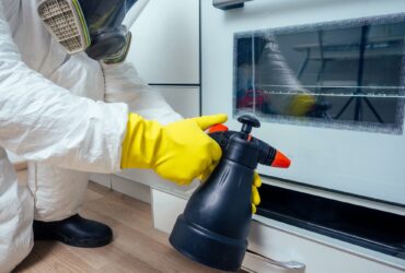 pest control worker standing with sprayer in kitchen