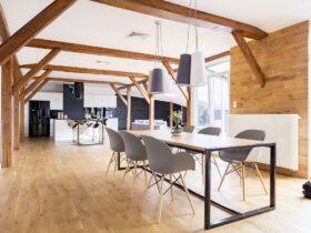 Spacious wooden dining room