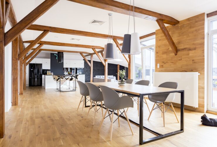 Spacious wooden dining room