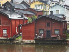 Traditional wooden houses in Porvoo. Finland old town heritage. Tourism
