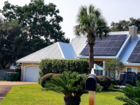 Beach house with solar panels on rooftop for energy surrounded by palm trees for tropical vibes.