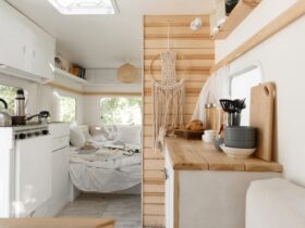 Camping in trailer, rv kitchen and bedroom, nobody