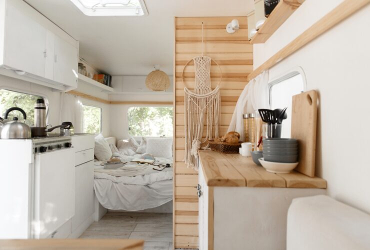 Camping in trailer, rv kitchen and bedroom, nobody