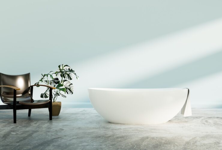 Interior bathroom with chair in clean and clearly rest room
