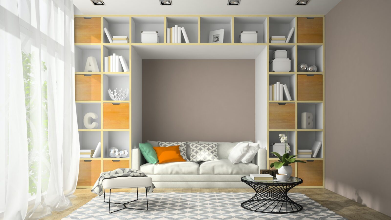 Interior of modern design room with shelf wall 3D rendering