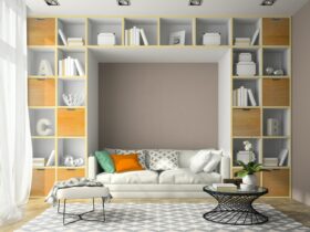 Interior of modern design room with shelf wall 3D rendering