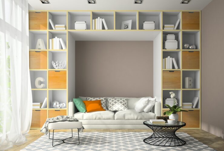 Interior of modern design room with shelf wall 3D rendering