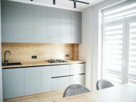 Light modern kitchen interior with gray tones. Cozy home.