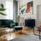 Luxury and modern home interior with design green sofa.