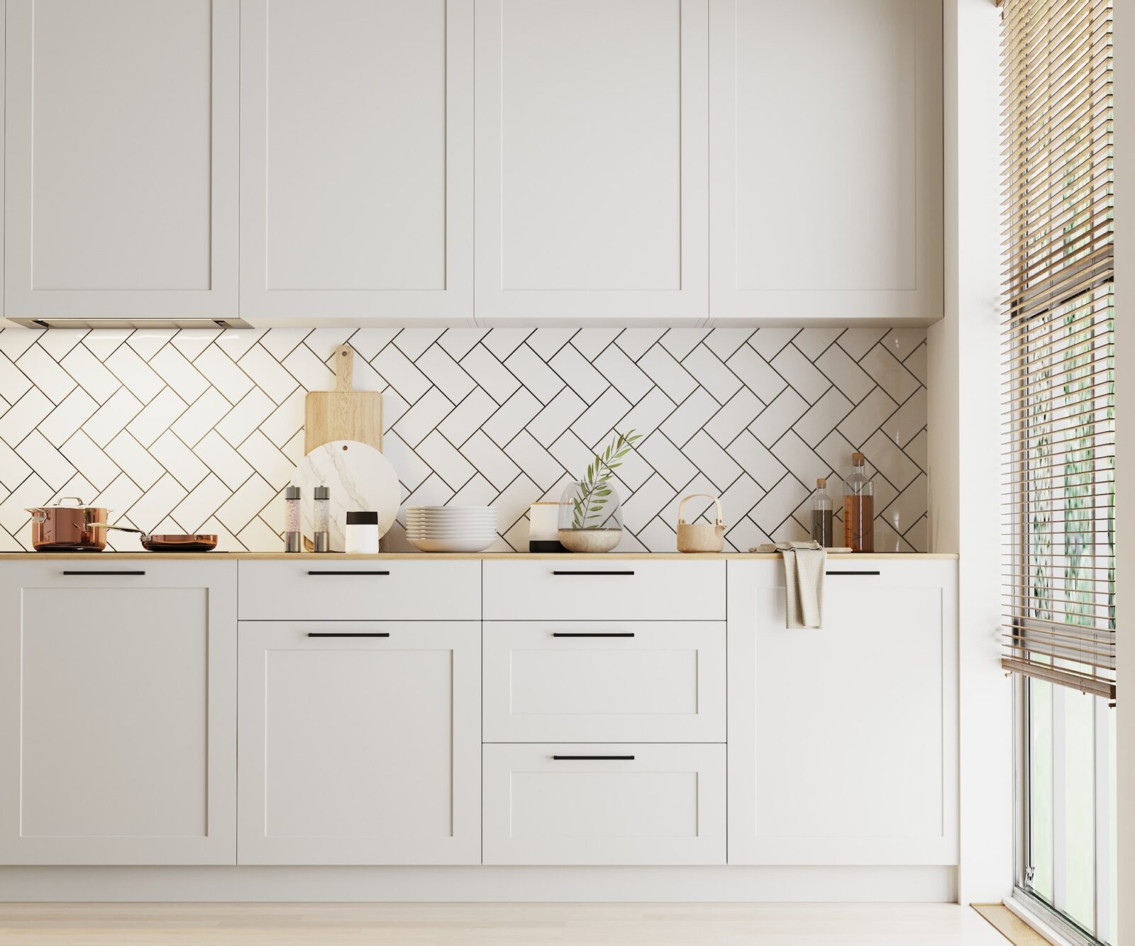 modern kitchen interior with white cabinets and tile, 3d rendering