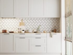 modern kitchen interior with white cabinets and tile, 3d rendering