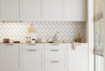 modern kitchen interior with white cabinets and tile, 3d rendering