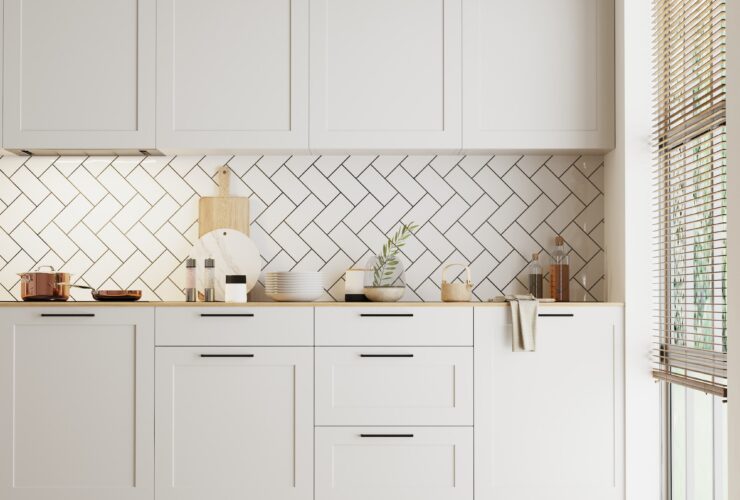 modern kitchen interior with white cabinets and tile, 3d rendering