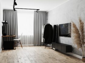 Modern living room interior with gray walls, clothes rack and floor mirror, TV