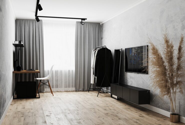 Modern living room interior with gray walls, clothes rack and floor mirror, TV