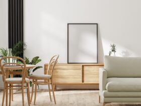 modern living room with furniture and poster frame mockup, home interior design, 3d rendering