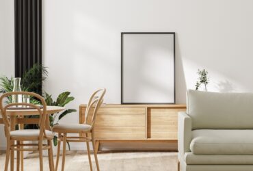 modern living room with furniture and poster frame mockup, home interior design, 3d rendering