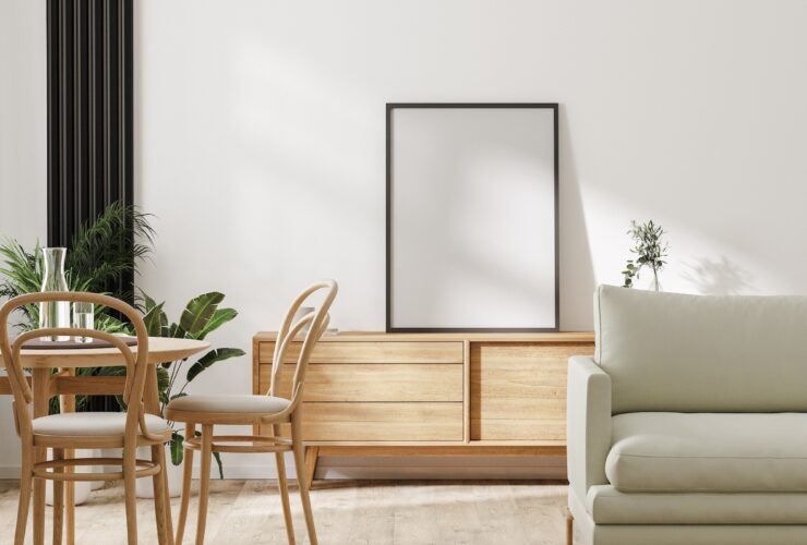 modern living room with furniture and poster frame mockup, home interior design, 3d rendering