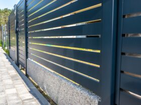 Modern panel fencing in anthracite color, visible spans and a wicket, forest in the background.