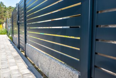 Modern panel fencing in anthracite color, visible spans and a wicket, forest in the background.