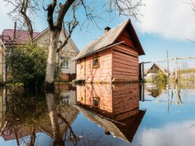 Old wooden Sauna bath building In Water During Spring Flood