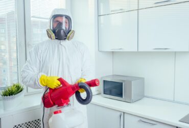 pest control worker standing with sprayer in kitchen