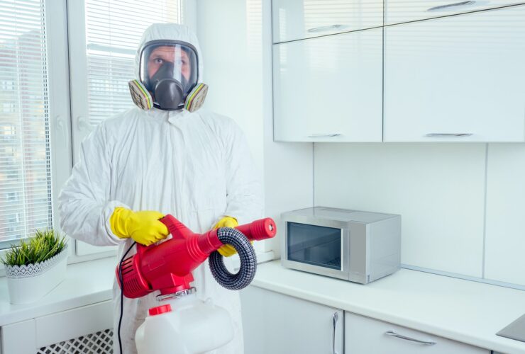 pest control worker standing with sprayer in kitchen