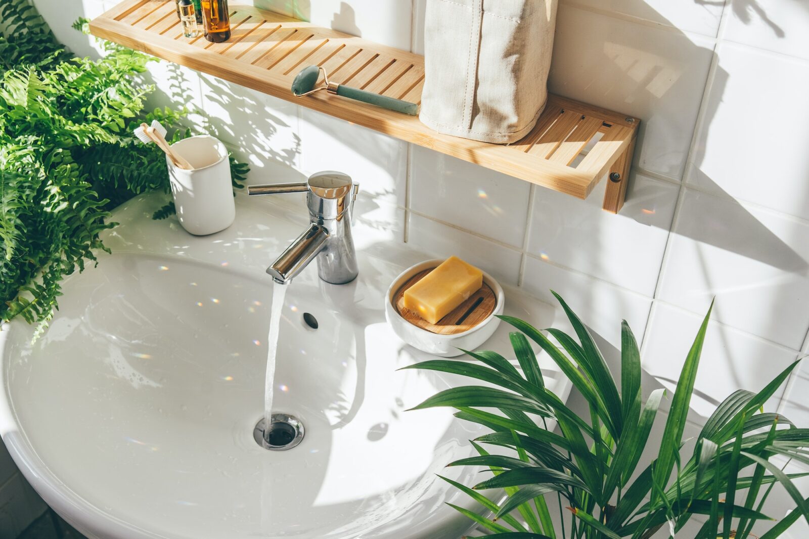 Top view of sing in a bathroom in biophilic design