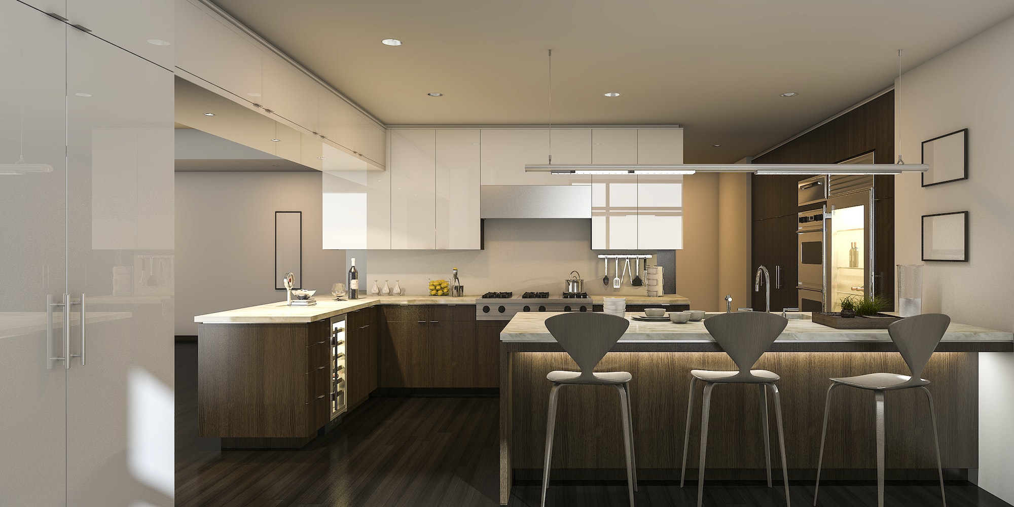 3d rendering warm light beautiful kitchen