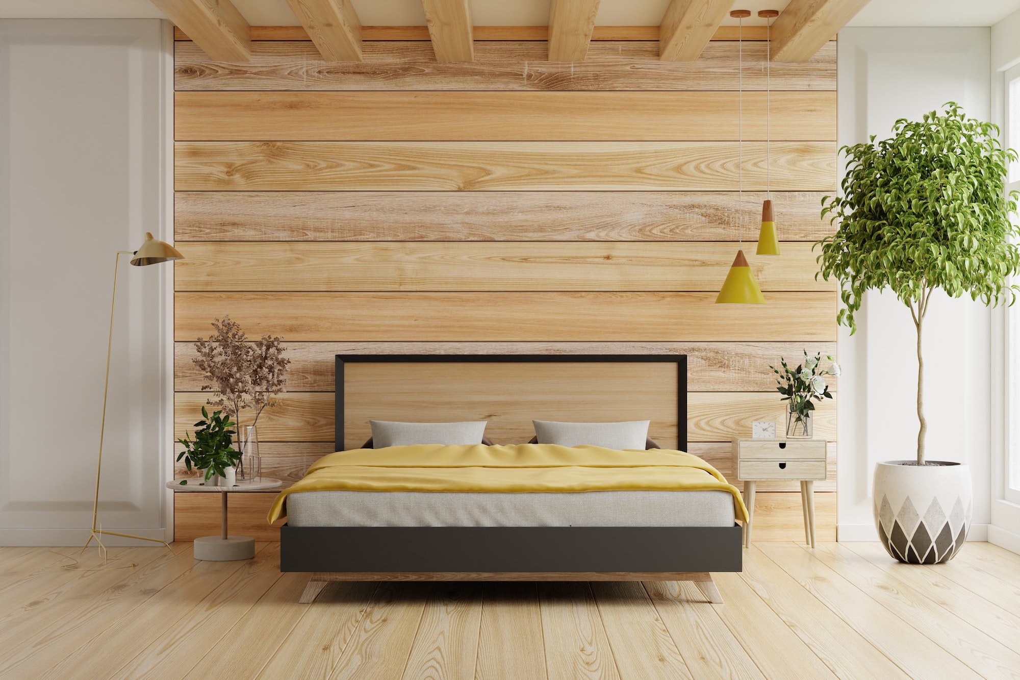 Bedroom interior mockup with gray bed on empty wooden wall background.
