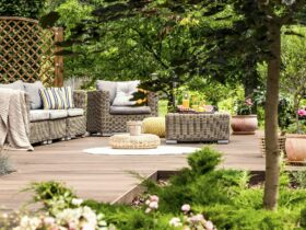 Garden furniture on wooden patio