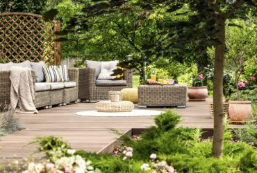 Garden furniture on wooden patio