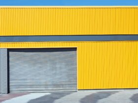 New Modern Garage Door in Unfinish Exterior Yellow Metal Wall
