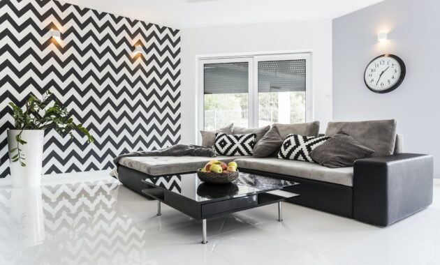 Posh living room with white tiled floor
