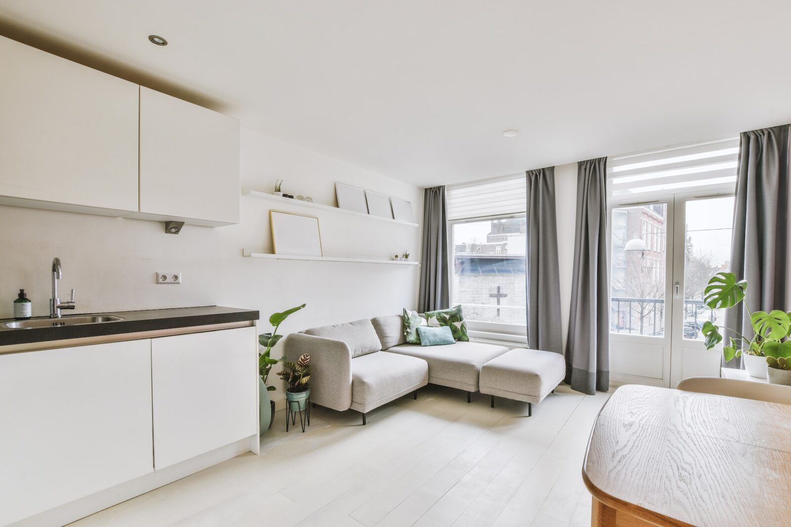 Spacious living room with open kitchen
