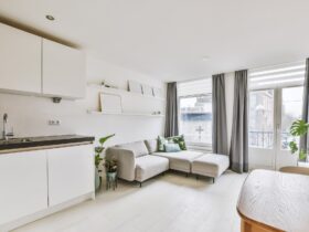 Spacious living room with open kitchen