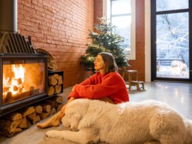 Woman with dog at home on a winter holidays