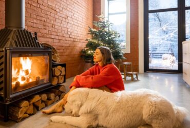 Woman with dog at home on a winter holidays