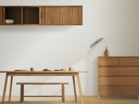 Wooden furniture in minimal dining room interior design
