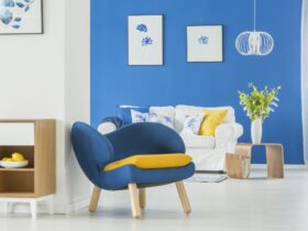 Yellow accents in blue room