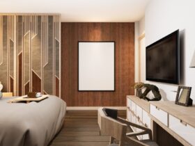 3D illustration Mockup photo frame in bedroom rendering