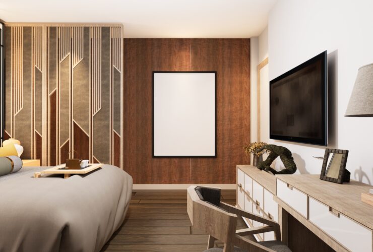 3D illustration Mockup photo frame in bedroom rendering